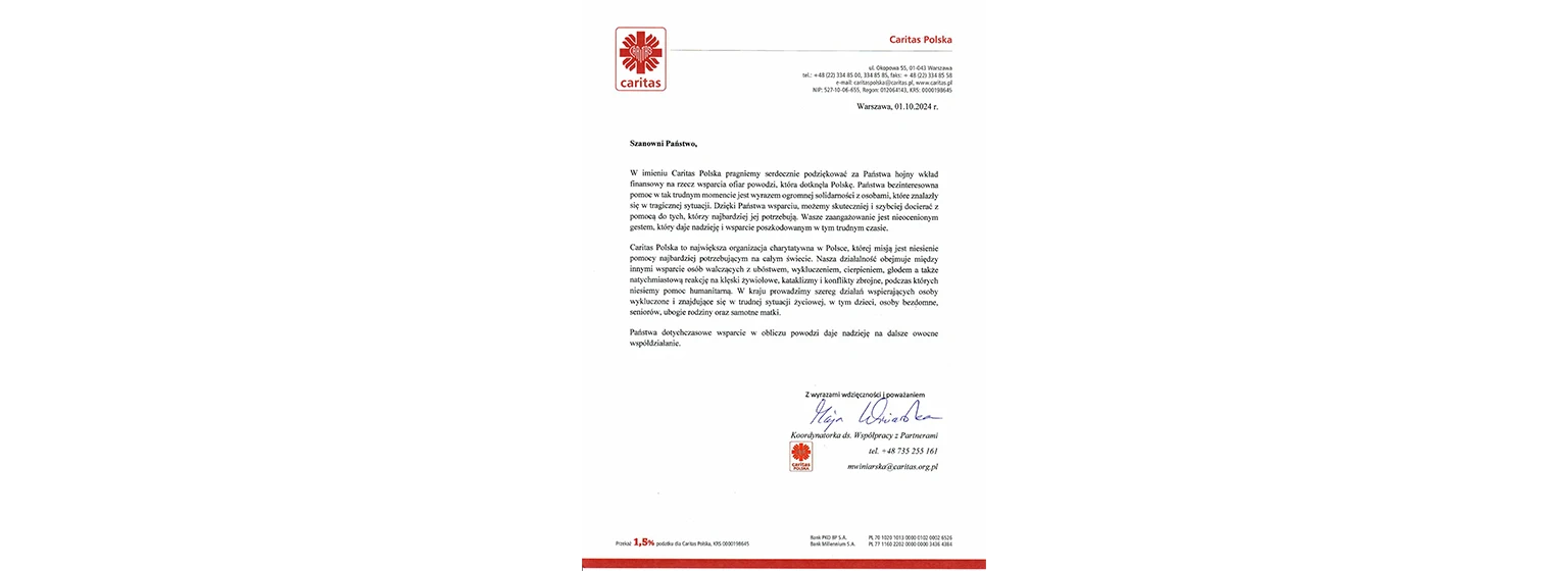Caritas pismo z podziekowaniem dla SCM_